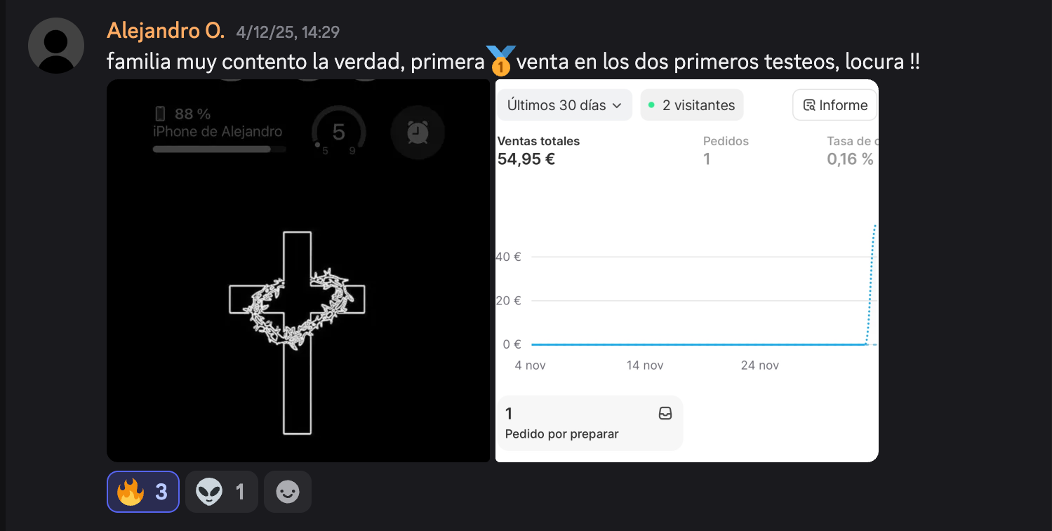 Captura de Alejandro O. celebrando su primera venta en los dos primeros testeos, 54,95€