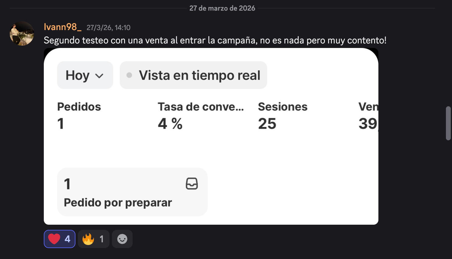 Captura de Ivann98_ con su primera venta al entrar la campaña, 4% de tasa de conversión